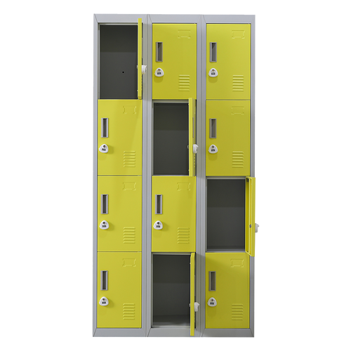 12-Door Locker – Grey with Yellow Door with 3-Digit Combination Lock | Secure Storage for Office, Gym or School Use