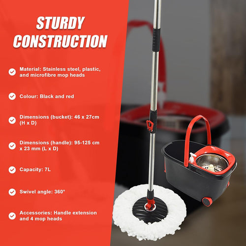 Spin Rotating Mop and Bucket Set with Wheels and 4 Microfibre Mop Heads