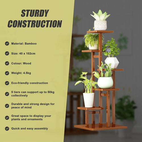 5 Tiers Vertical Bamboo Plant Stand Staged Flower Shelf Rack Outdoor Garden - Wood