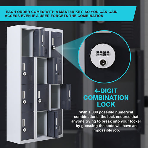 12-Door Locker – Grey with Charcoal Door with 4-Digit Combination Lock | Secure Storage for Office, Gym or School Use