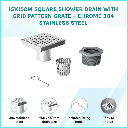 15 x 15cm Square Shower Drain with Grid Pattern Grate – Chrome Stainless Steel