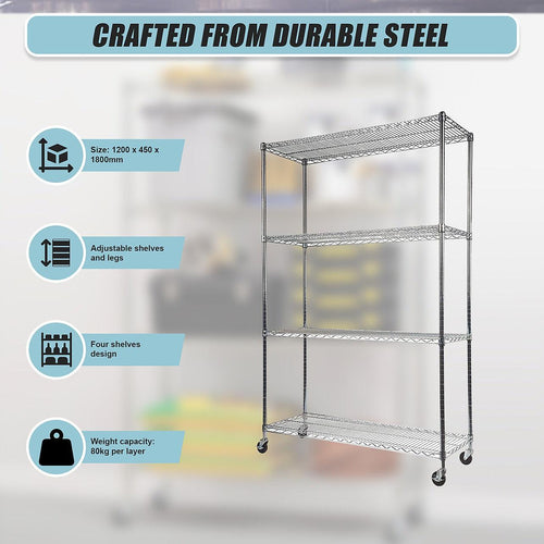 Modular Wire Storage Shelf 1200 x 450 x 1800mm Steel Shelving - Carbon Chrome Plated with Wheels