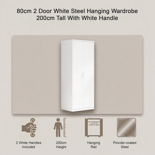 80x200cm 2-Door White Steel Hanging Wardrobe with White Handle Storage Cabinet