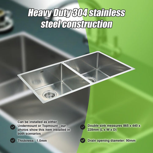 1.0mm Handmade Double Stainless Steel Sink with Waste - 865x440mm