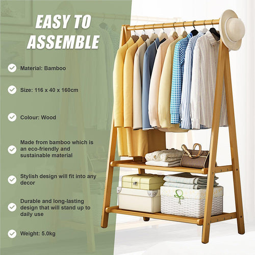 Portable Clothes Rack Coat Garment Stand Bamboo Rail Hanger Airer Closet - Wood