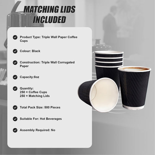 Black Triple Wall Coffee Cups with Matching Lids 500 Piece set 8oz