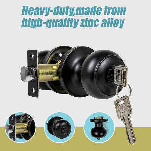 Door Handle Set Lever Key Lock Function Round Black