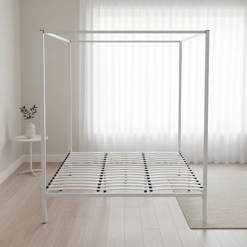 4-Poster King Bed Frame – Sturdy Cream Modern Canopy Bed for Bedroom