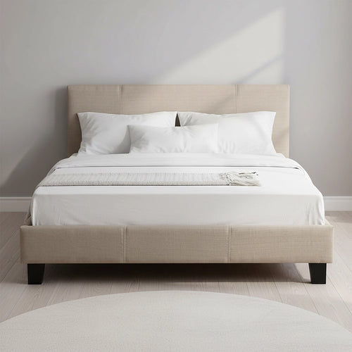 Double Size Bed Frame with Headboard – Beige Linen Fabric