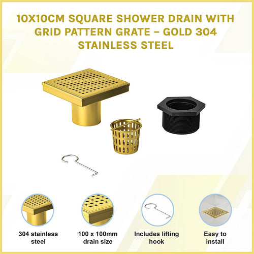10 x 10cm Square Shower Drain with Grid Pattern Grate – Brushed Gold Stainless Steel