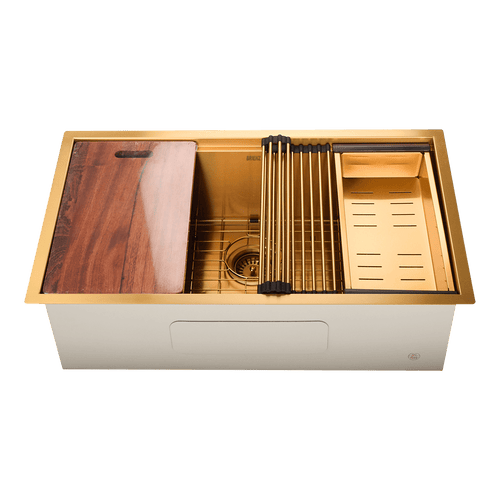 BRIENZ 32-inch Nano Workstation Ledge Undermount 16 Gauge Stainless Steel Kitchen Sink Single Bowl in Gold with sand-finish