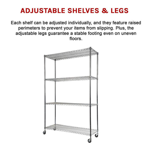 Modular Wire Storage Shelf 1200 x 450 x 1800mm Steel Shelving - Carbon Chrome Plated with Wheels