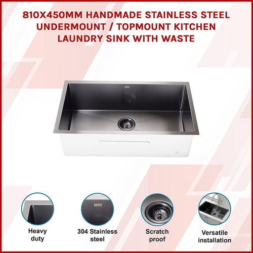 810x450mm Stainless Steel Handmade 1.5mm Sink with Waste in Black with sand finish Finish