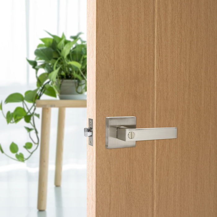 Door Handle Set Lever Privacy Function Square Satin Nickel
