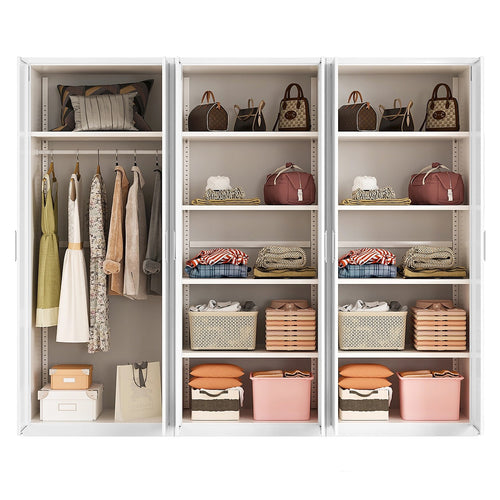 240x200cm 6-Door White Steel 1 Hanging and 2 Shelf Wardrobe with White Handle Storage Cabinet