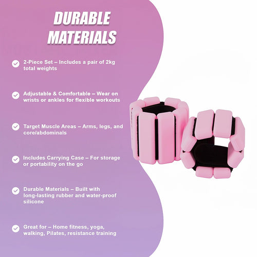 2-Piece Ankle & Wrist Weights – 2kg Pair Adjustable Workout Bangles Pink for Fitness Training