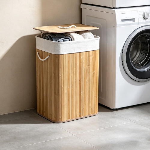 72L Wood Bamboo Laundry Hamper with Lid & Removable Liner Bag