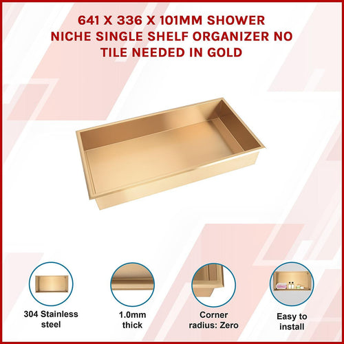 641 x 336 x 101mm Shower Niche Single Shelf Organizer No Tile Needed in Gold Finish