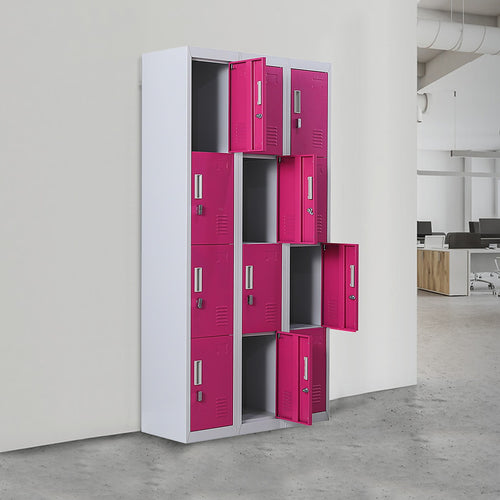 12-Door Locker – Grey with Pink Door with Padlock-operated | Secure Storage for Office, Gym or School Use