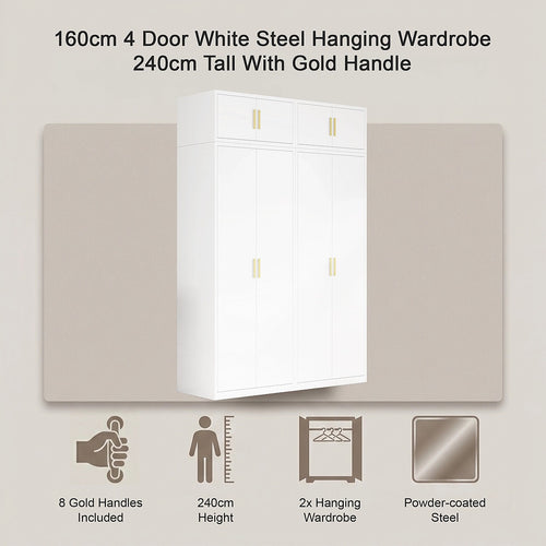 160x240cm 4-Door White Steel Hanging Wardrobe with Gold Handle Storage Cabinet