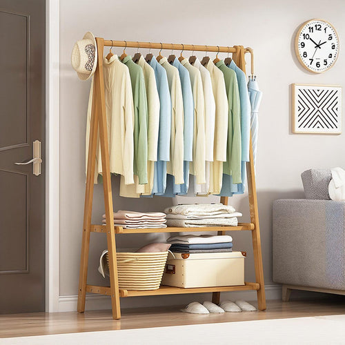 Portable Clothes Rack Coat Garment Stand Bamboo Rail Hanger Airer Closet - Wood