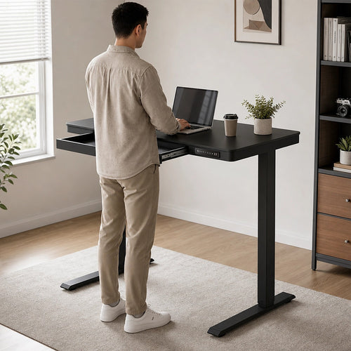 Electric Standing Desk 120x60cm Black Glass with Drawer & Wireless Charger