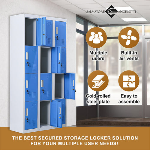 12-Door Locker – Grey with Blue Door with Standard Lock with 2 Keys | Secure Storage for Office, Gym or School Use