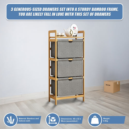 Bamboo Shelf with Storage Hamper – Wooden Organiser Rack with Three-Set Removable Laundry Bags