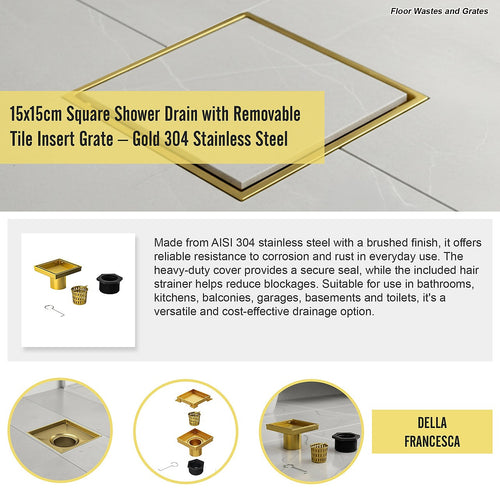 15 x 15cm Square Shower Drain with Tile Insert Grate – Gold Stainless Steel