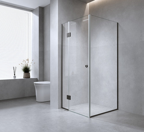 100x100cm Corner Frameless Shower Screen – Black Wall & Floor Channel with Brass Hinges for Elegant Bathrooms