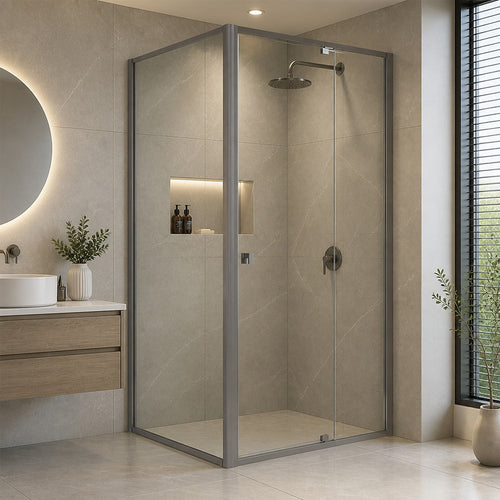 Semi-Frameless Shower Screen – Gunmetal, Front: (114~122)x195cm, Side: (77~80)x195cm
