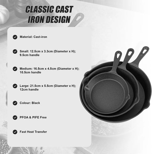 Chef Cast Iron Frying Pan Set – 3-Piece Skillet, Grill & Oven-Safe Cookware for Versatile Home Cooking