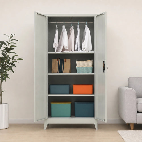 Double-Door Metal Cabinet with 4 Shelves – Office, Garage, or Home Storage in Grey with Legs