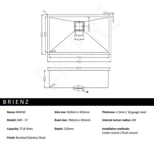 810x505mm Handmade 1.5mm Stainless Steel Sink with Square Waste