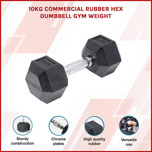 10kg Commercial Rubber Hex Dumbbell Gym Weight