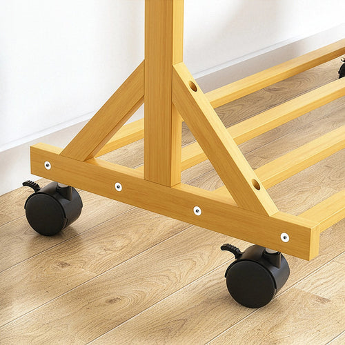 Portable Clothes Rack Coat & Garment Stand – Bamboo Rail Hanger Closet Airer in Wood