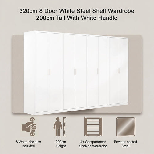 320x200cm 8-Door White Steel Shelf Wardrobe with White Handle Storage Cabinet