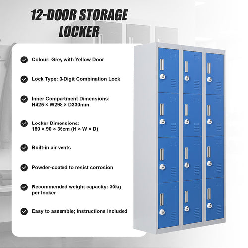 12-Door Steel Locker – Grey with Blue Door, 3-Digit Combination Lock