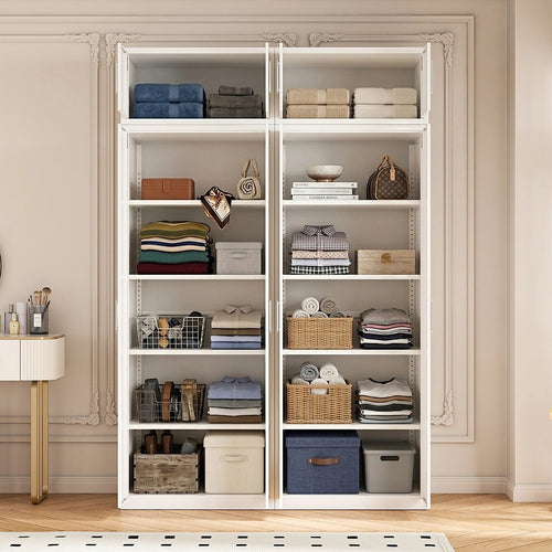 160x240cm 4-Door White Steel Shelf Wardrobe with White Handle Storage Cabinet