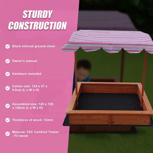 Kids Wooden Toy Sandpit with Adjustable Canopy