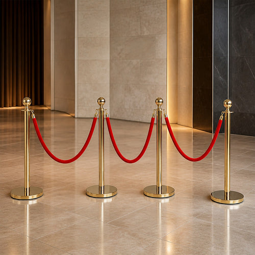 Crowd Control Bollards with 3 Red Ropes and 4 Gold Posts
