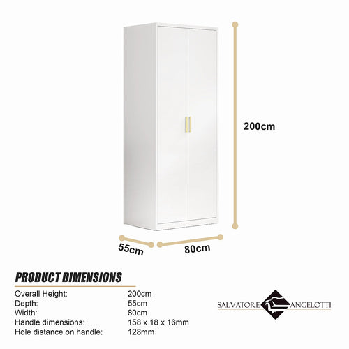 80x200cm 2-Door White Steel Shelf Wardrobe with Gold Handle Storage Cabinet