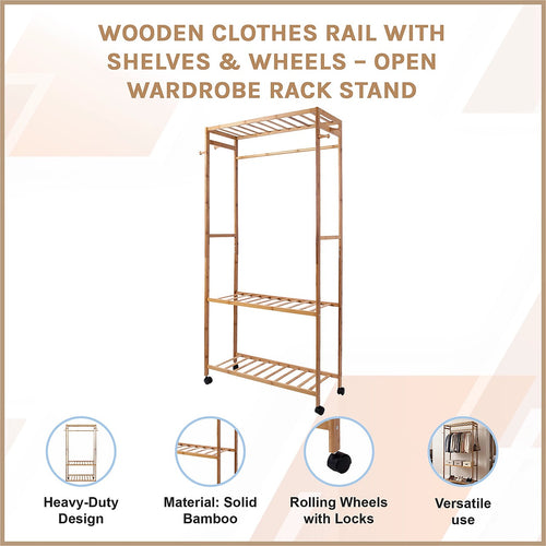 Heavy Duty Wooden Clothes Rail with Shelves & Wheels – Open Wardrobe Rack Stand