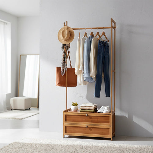165x70cm Clothes Rack Stand with Storage Shelves – Modern Coat Tree in Dark Wood