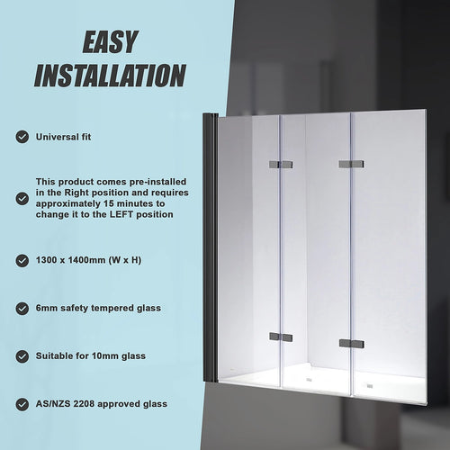 3 Fold Black Folding Bath Shower Screen Door Panel - 130 x 140cm