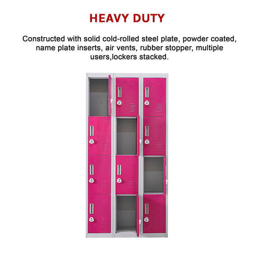 Grey with Pink Door 12-Door Locker for Office Gym Shed School Home Storage - 3-Digit Combination Lock