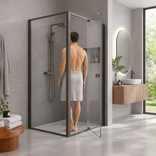 Semi-Frameless Shower Screen – Gunmetal, Front: (114~122)x195cm, Side: (77~80)x195cm