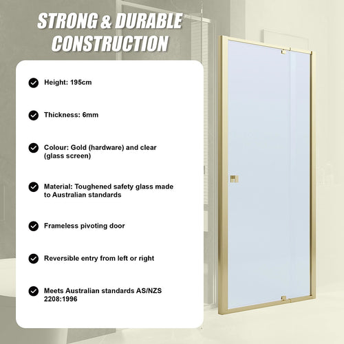 Adjustable Semi Frameless Shower Screen Front: (82~90)x195cm with Gold Hardware and No Side Return