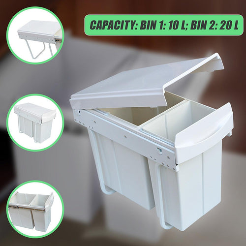Kitchen Double Slide Pull Out Bin for Garbage Rubbish Waste 10L+20L