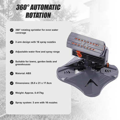 Garden Rotary Sprinkler 3 Arm 360° Adjustable Lawn Watering System
